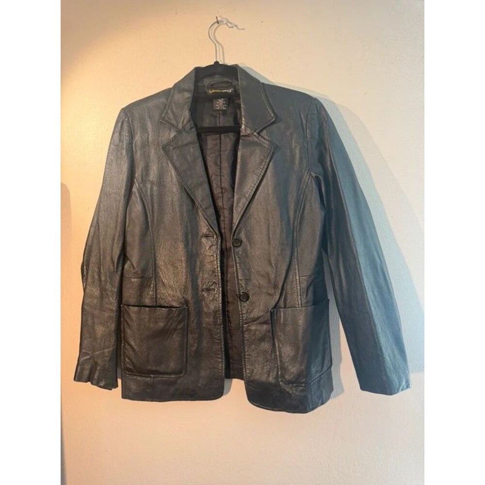 Metrostyle Black Leather Button Blazer Jacket 10